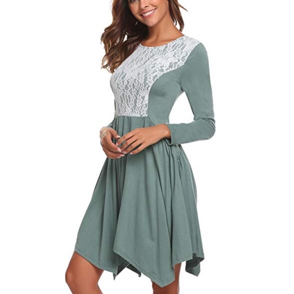 Sage Lace Patchwork Irregular Hem Boho Dress - Picture 3 of 8